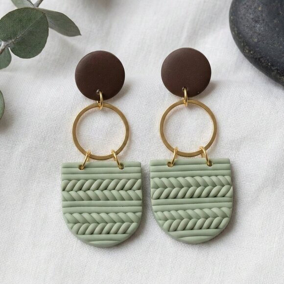 NKULTD Jewelry - Sage Green Polymer Clay Wood Dangle Earrings Gold Plated Sterling Silver Posts